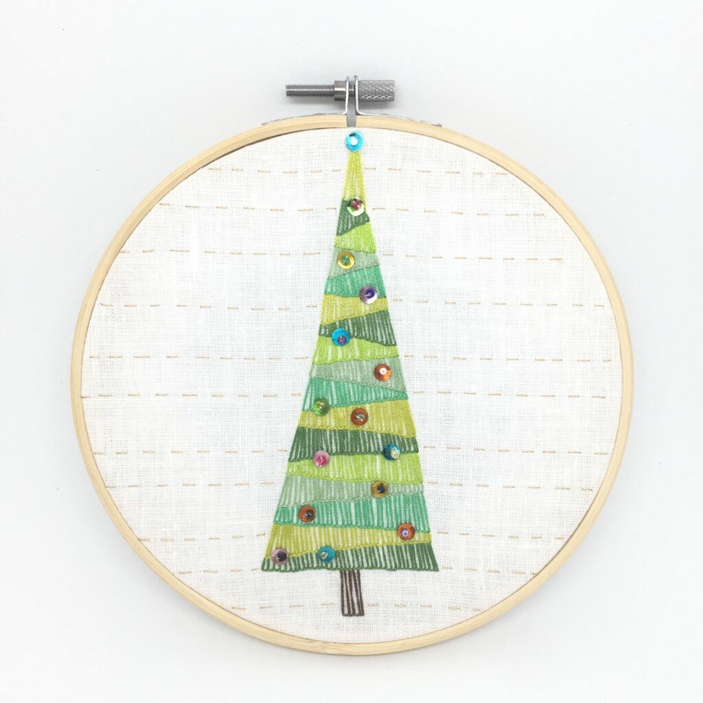 Hand embroidery art, Christmas tree, green with sequins