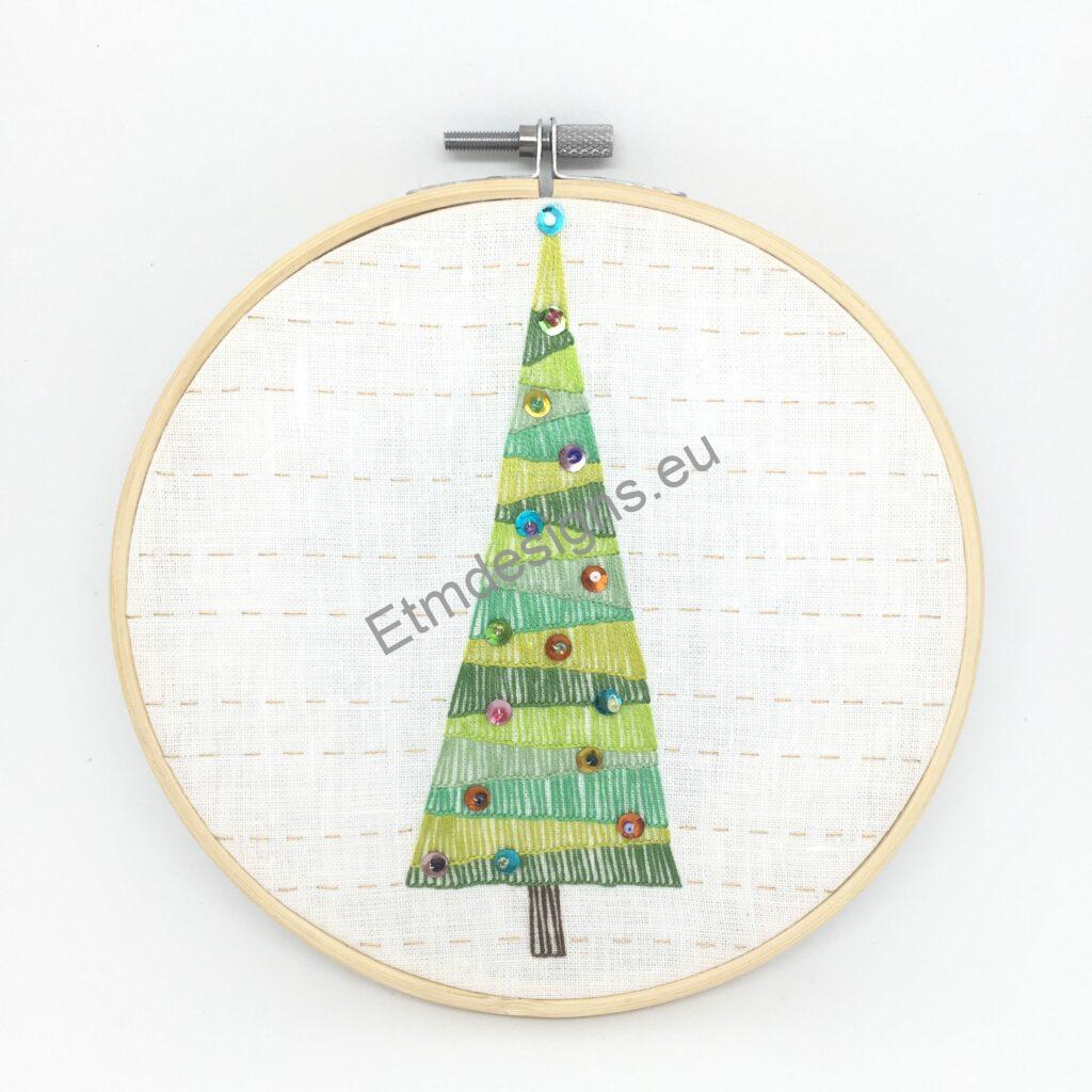 Hand embroidery art, Christmas tree, green with sequins