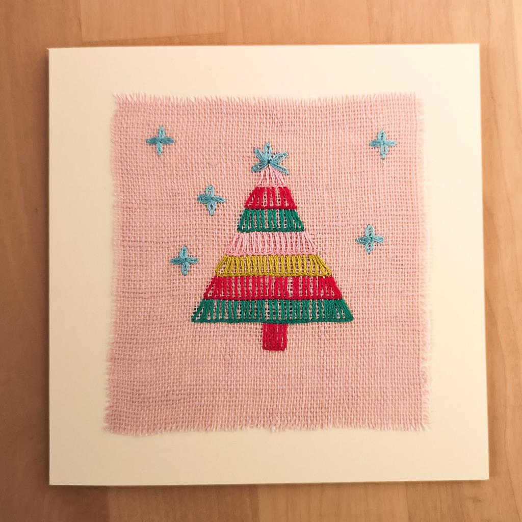 Finished hand made greetings card with Christmas tree embroidery