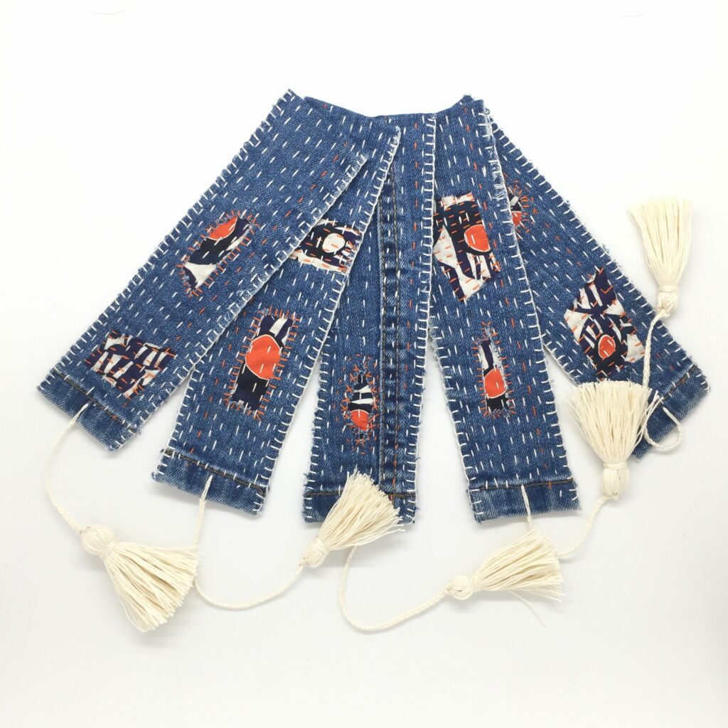 Recycled jeans bookmarks with boro style hand embroidery and the tassel