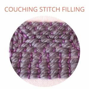 Couching stitch filling square, grey and violet