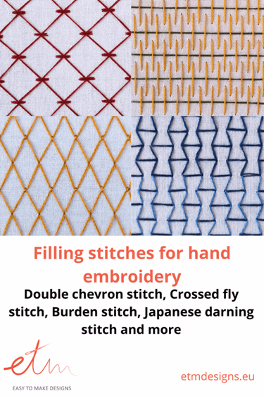 4 filling stitches, Double chevron, burden, crossed fly and Japanese darning, hand embroidery