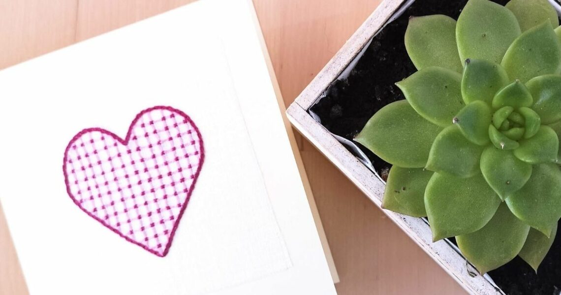 Valentine's card, embroidered heart, succulent