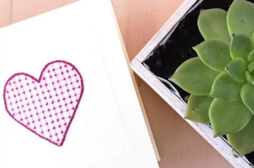 Valentine's card, embroidered heart, succulent