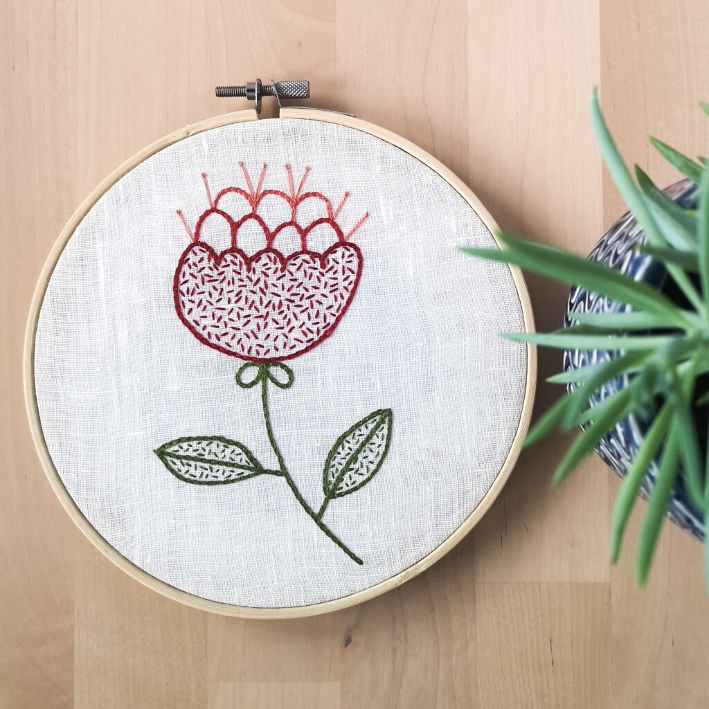 Red abstract flower hoop art, hand embroidery