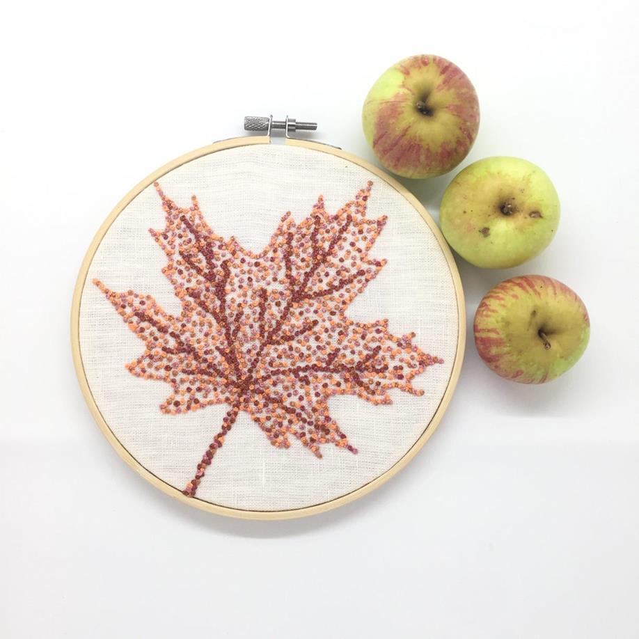 Autumn leaves - Maple - hand embroidered hoop art with apples
