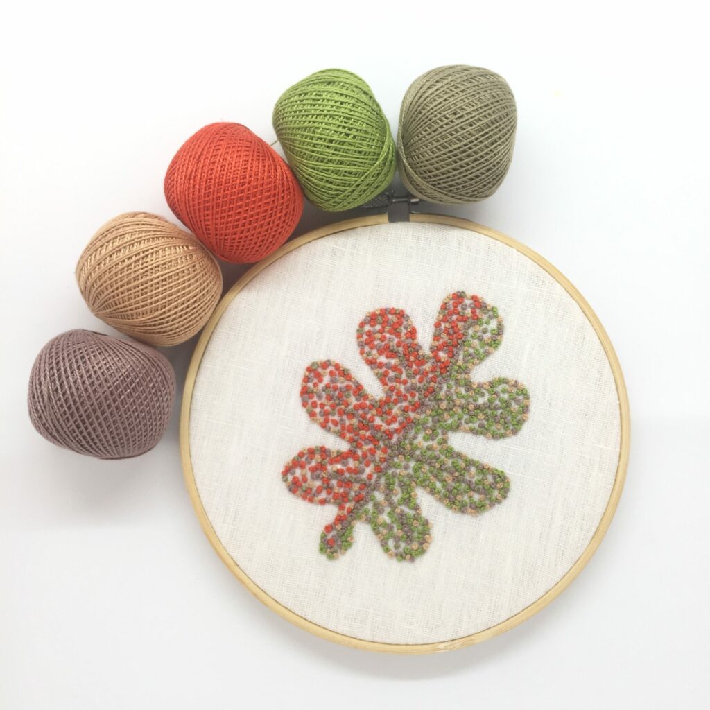 Autumn leaves Oak hand embroidery in a hoop with pearl cotton