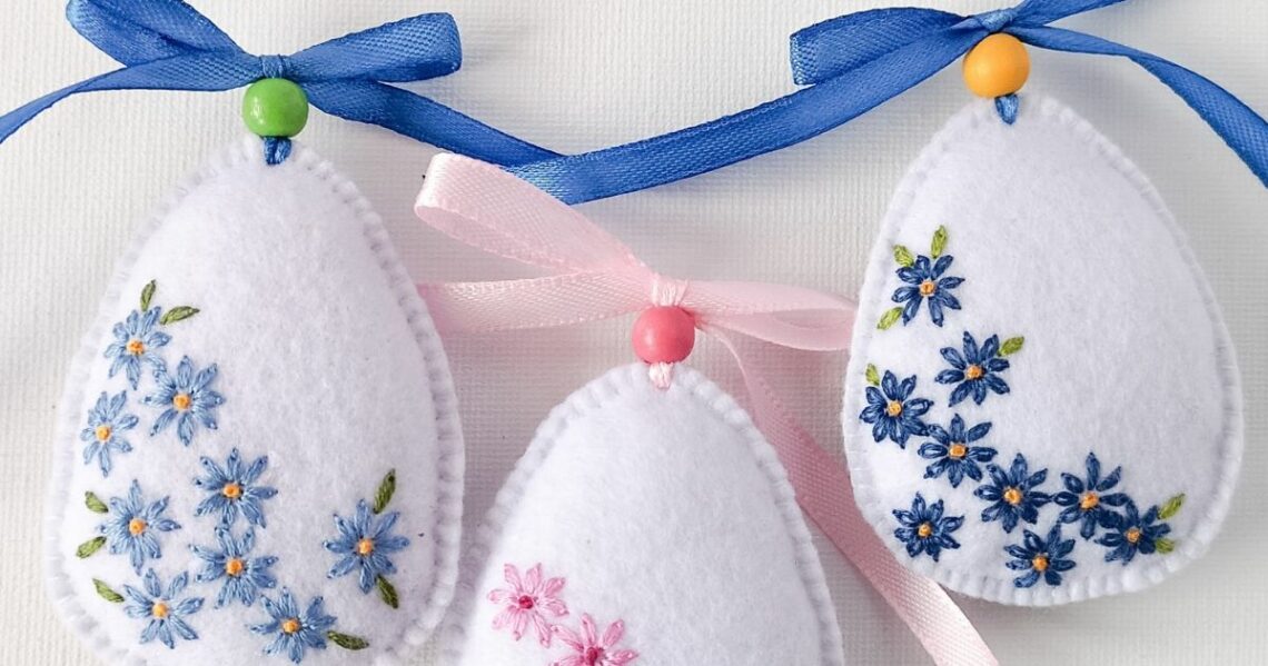 Easter Egg felt decorations with Daisies embroidery