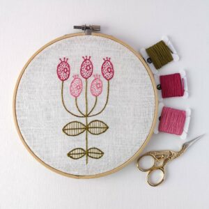 Embroidered pink flowers with floss and scissors