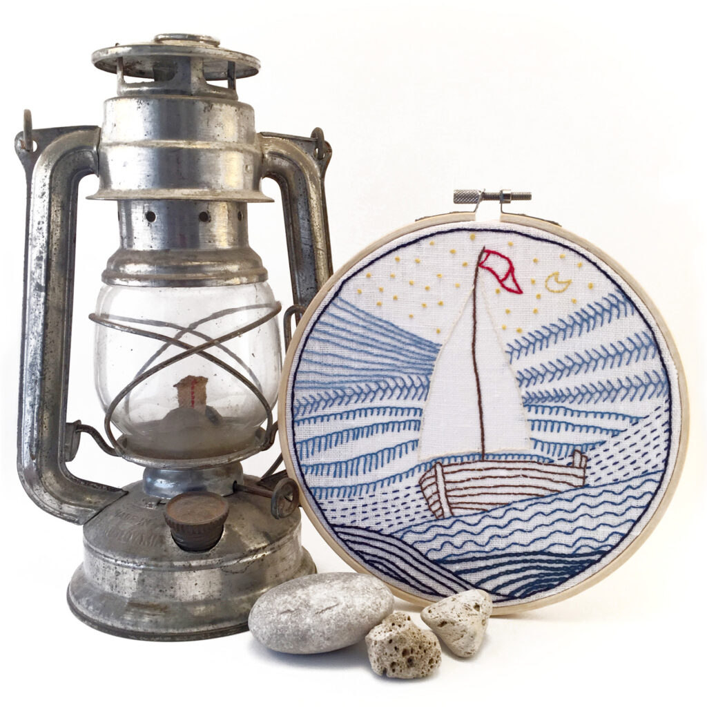Nursery textile art sail boat hand embroidery