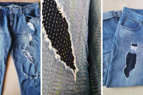 Repairing jeans with visible mending