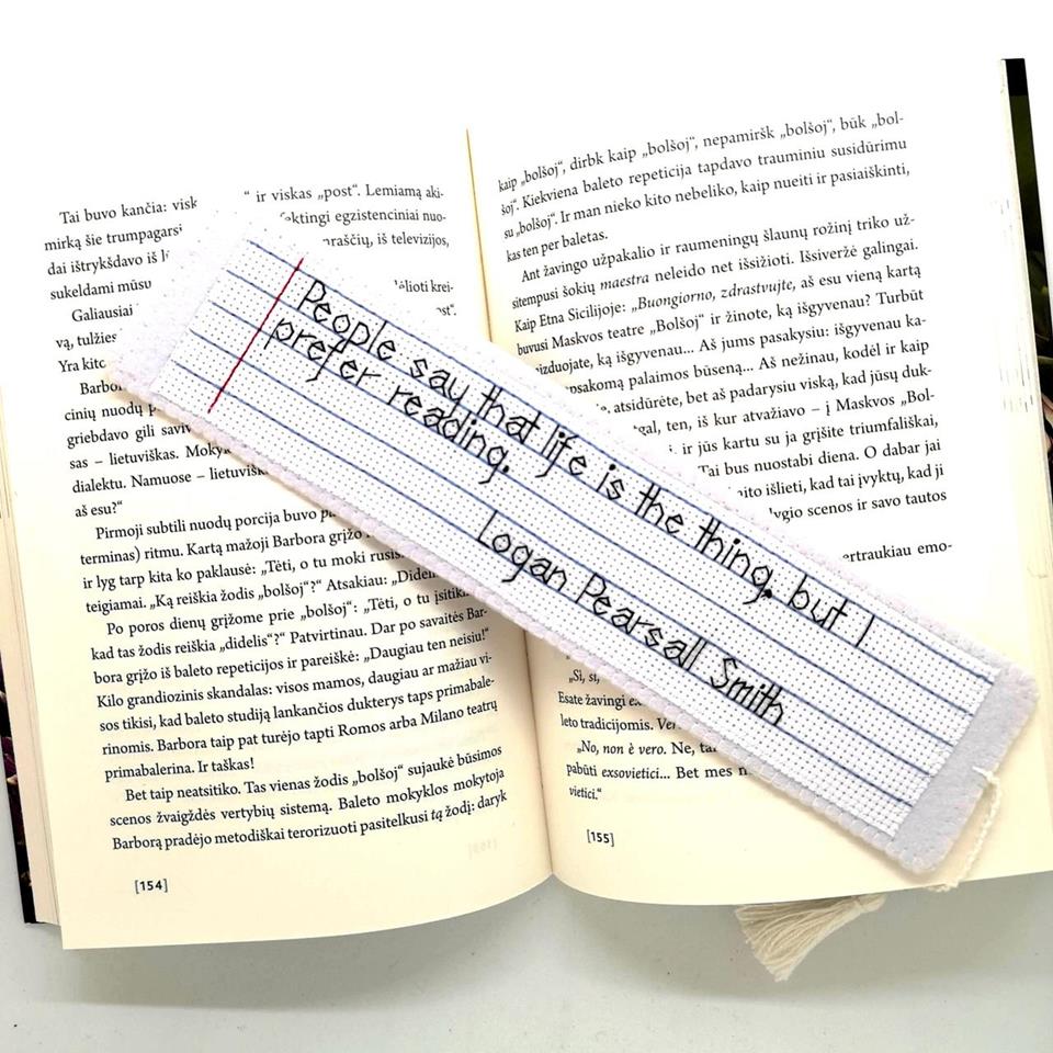 Hand embroidered bookmark with a quote