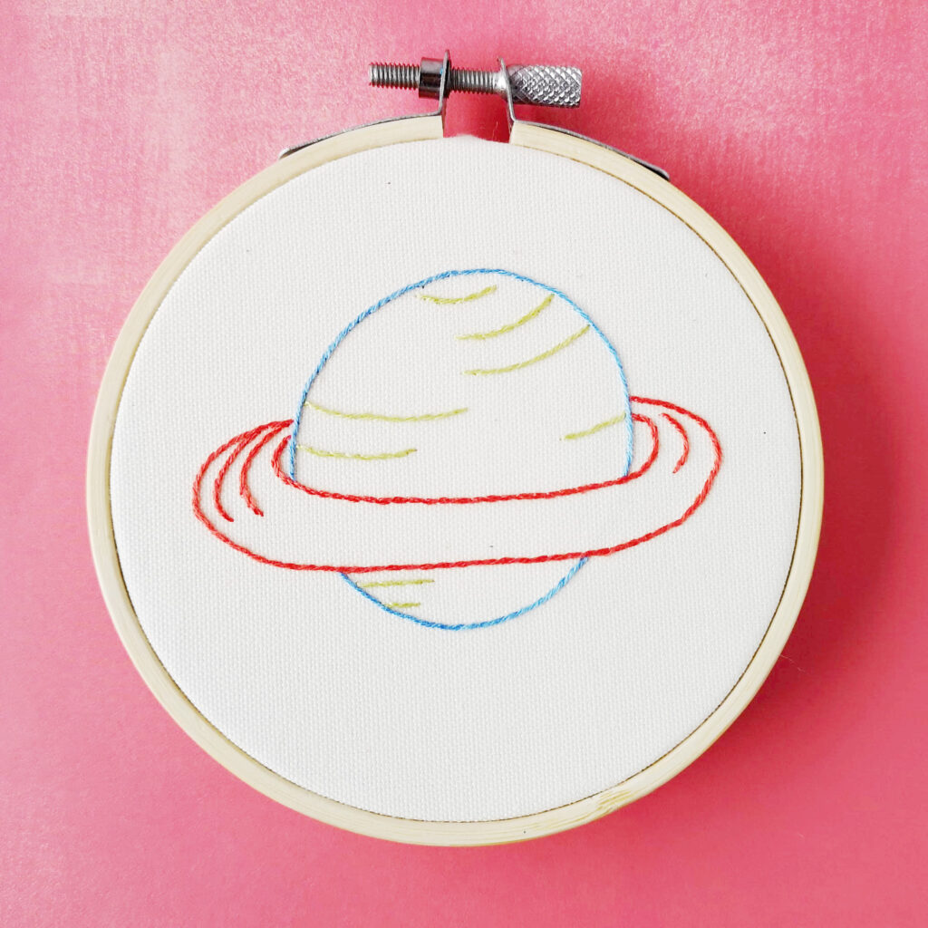 Planet Saturn hand embroidery in a hoop
