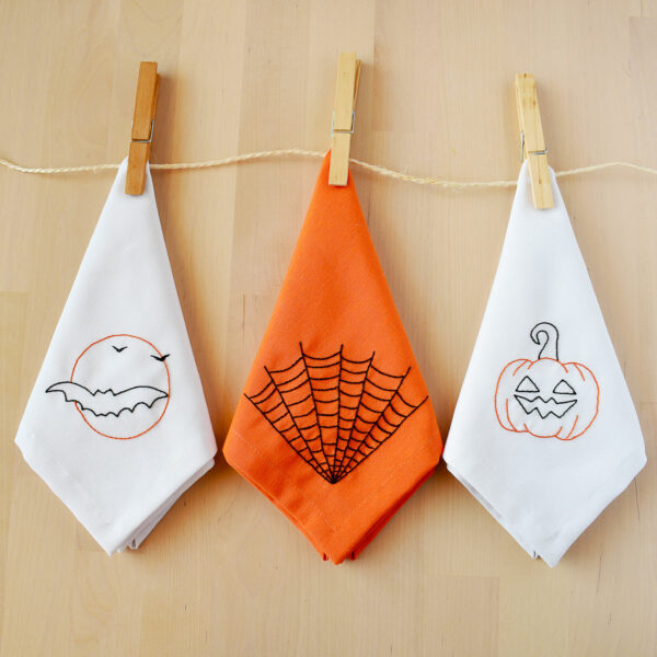 Halloween hand embroidery designs - Bat, cobweb and a pumpkin