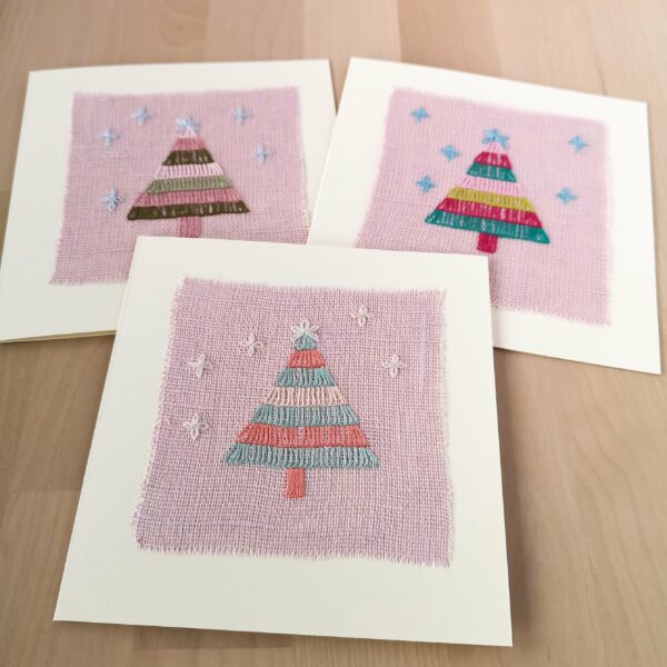 Christmas cards with small Christmas tree embroidery