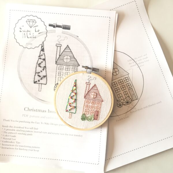 Christmas house hoop art hand embroidery pdf pattern and instructions