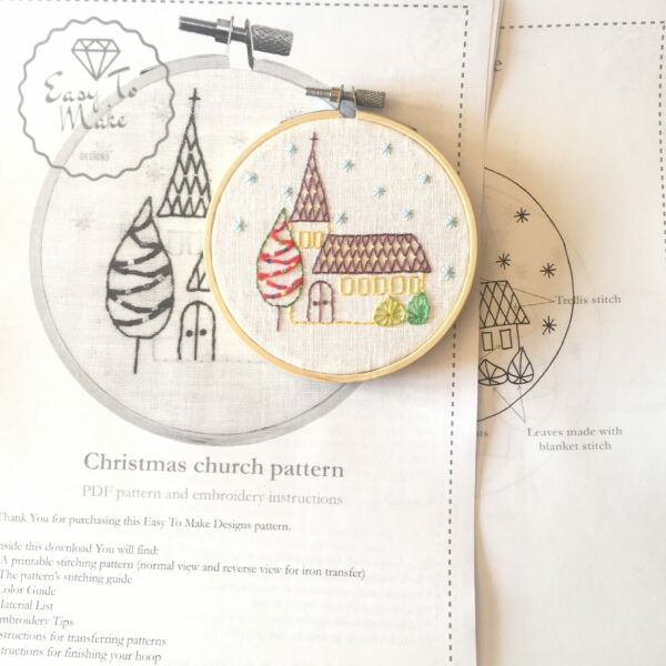 Christmas church hand embroidery pdf pattern and instructions