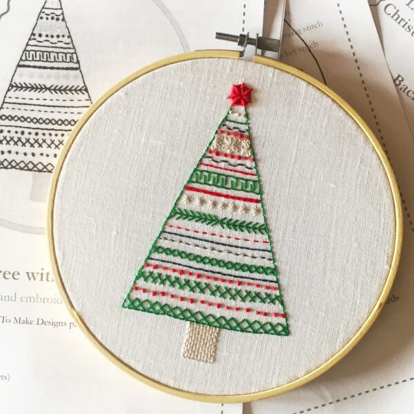 Christmas tree with a star hand embroidery pattern and instructions