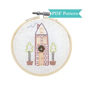 Christmas house with a wreath hand embroidery pdf pattern