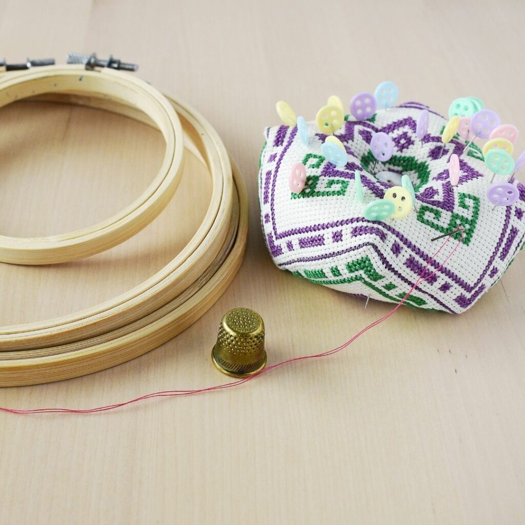 Hand embroidery hoops from bamboo and a pincushion